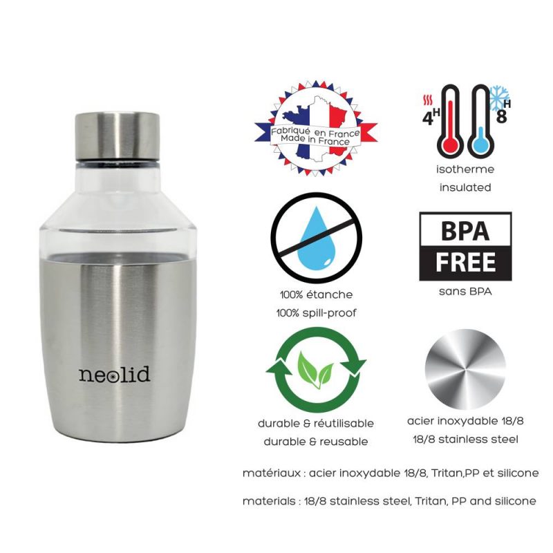 Bouteille isotherme Neolid 400 ml, bouteille en inox fabriquée en France