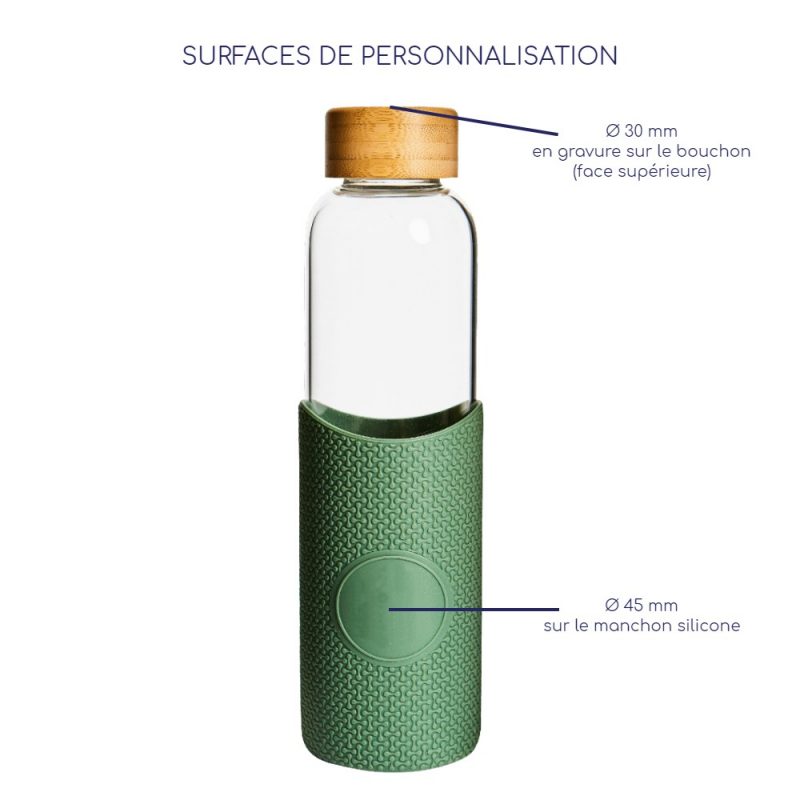 Bouteille personnalisée en verre borosilicate, avec 2 zones d'impression