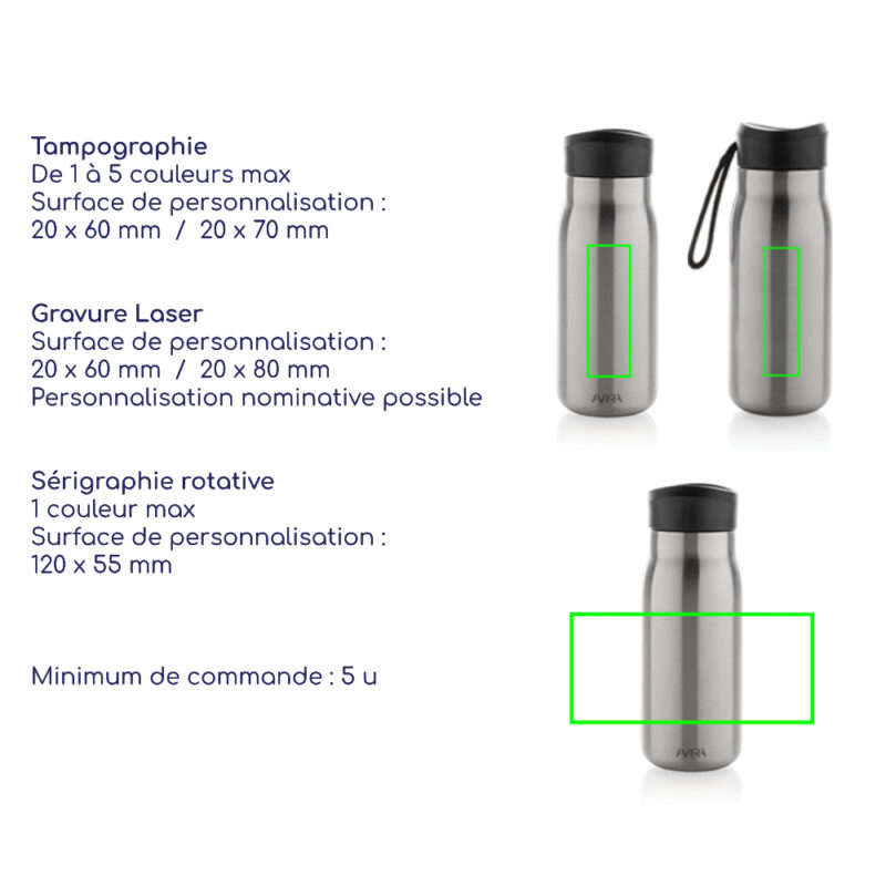 Thermos publicitaire personnalisé avec logo, par tampographie, gravure laser ou sérigraphie