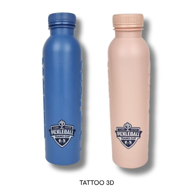 Personnalisation gourde par Tattoo 3D, bouteille d'eau remplie avec de l'eau minérale