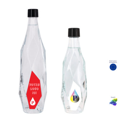 Bouteille d'eau pré-remplie en verre et personnalisable avec un logo