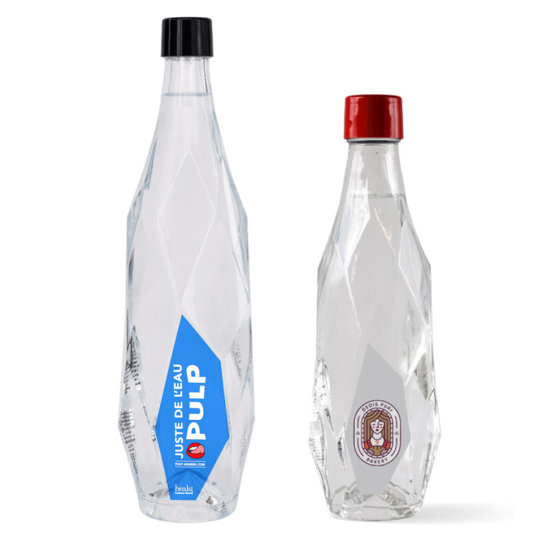 Bouteille d'eau pré-remplie en verre personnalisable, alternative à la bouteille jetable en plastique
